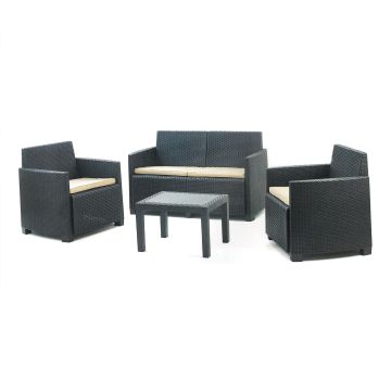 Arena - Salon de jardin en poly rotin - Canapé + 2 fauteuils + table basse Progarden Anthracite